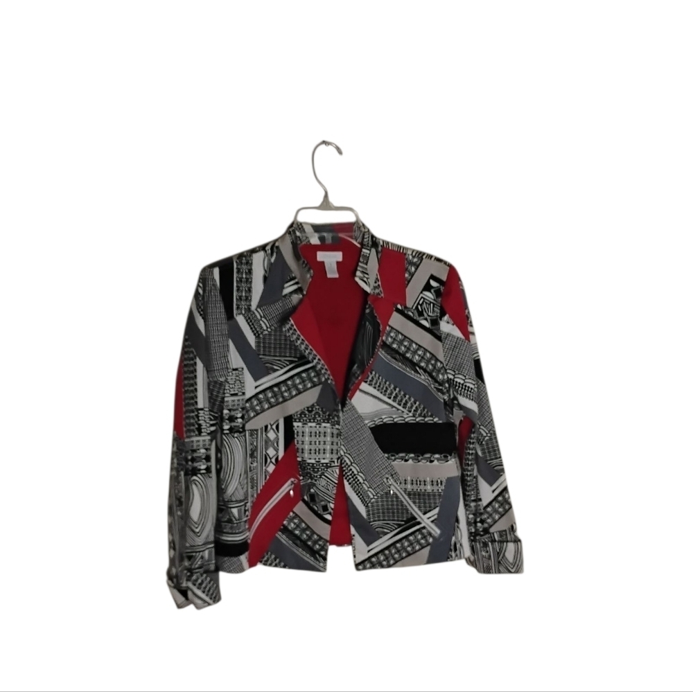 Chico's Women's 1  Red  Black Gray Long Sleeve Abstract Open Front Blazer Jacket